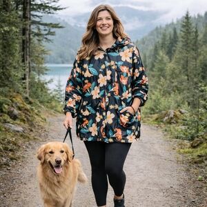 Zara Hooded Floral Windbreaker Jacket - Size XL